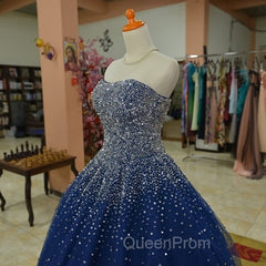 Blue Tulle Sequins Long Ball Gown Evening Dresses, Sparkle Blue Quinceanera Dresses