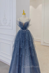 Blue Tulle Sequins Long Evening Prom Gown, Blue Spaghetti Straps Evening Dresses