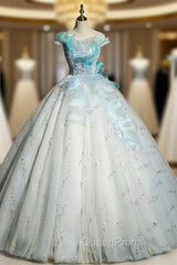 Blue Tulle Sequins Off the Shoulder Appliques Quinceanera Dresses