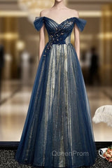 Blue Tulle Sequins Off the Shoulder Beading Evening Prom Dresses