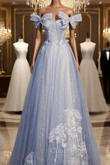 Blue Tulle Sequins Off the Shoulder Bow Pearls Evening Prom Dresses