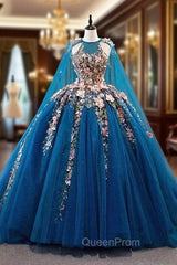 Blue Tulle Sequins Pink 3D Appliques Evening Prom Dresses