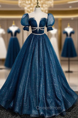Blue Tulle Sequins Pleats Puff Sleeve Evening Prom Dresses