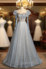 Blue Tulle Sequins Puff Sleeve Beading Evening Prom Dresses