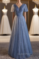 Blue Tulle Sequins Short Sleeve Evening Prom Dresses