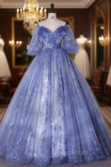 Blue Tulle Sequins Short Sleeve Quinceanera Dresses