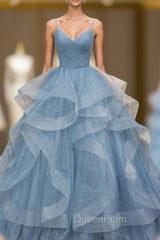 Blue Tulle Sequins Spaghetti Straps Pleats Evening Prom Dresses