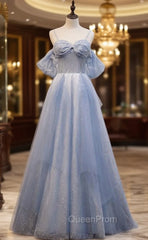 Blue Tulle Sequins Spaghetti Straps Evening Prom Dresses