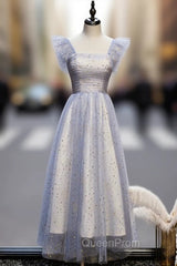 Blue Tulle Sequins Square Ankle Length Evening Prom Dresses