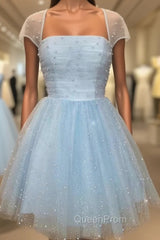 Blue Tulle Sequins Square Pearls Homecoming Dresses
