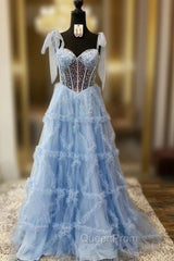 Blue Tulle Sequins Straples Evening Prom Dresses