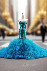 Blue Tulle Sequins Strapless Mermaid Trailing Wedding Dresses