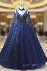 Blue Tulle Sequins V-neck Beading Evening Prom Dresses
