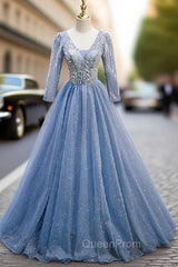Blue Tulle Sequins V-neck Long Sleeve Beading Evening Prom Dresses