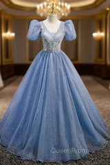 Blue Tulle Sequins V-neck Puff Sleeve Beading Sequins Evening Prom Dresses