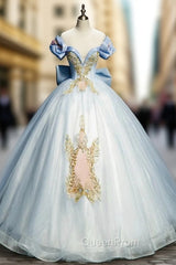 Blue Tulle Short Sleeve Beading Sequins Quinceanera Dresses