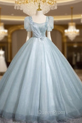 Blue Tulle Short Sleeve Flower Quinceanera Dresses
