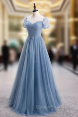 Blue Tulle Short Sleeve Scoop Neck Evening Prom Dresses