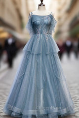 Blue Tulle Spagehtti Straps Beading Evening Prom Dresses