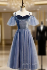 Blue Tulle Spagheti Straps Tea Length Beading Evening Prom Dresses