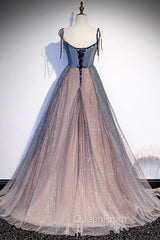 Blue Tulle Spaghetti Strap Long Evening Prom Dresses, A-Line Lace-Up Evening Dresses
