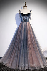 Blue Tulle Spaghetti Strap Long Evening Prom Dresses, A-Line Lace-Up Evening Dresses