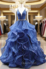 Blue Tulle Spaghetti Straps Beaded Evening Prom Dresses