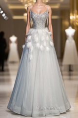 Blue Tulle Spaghetti Straps Beading Feather Evening Prom Dresses