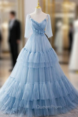 Blue Tulle Spaghetti Straps Pleats Evening Prom Dresses