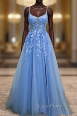 Blue Tulle Spaghetti Straps Evening Prom Dresses
