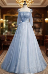 Blue Tulle Spaghetti Straps Sleeveless Evening Prom Dresses