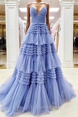 Blue Tulle Spaghetti Straps Tiers Evening Prom Dresses