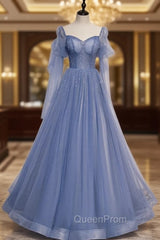 Blue Tulle Square Long Sleeve Beading Evening Prom Dresses