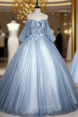 Blue Tulle Star Sequins 3D Appliques Quinceanera Dresses