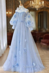 Blue Tulle Strapless Long Sleeve Flower Evening Prom Dresses