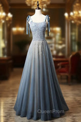 Blue Tulle Straps Beading Evening Prom Dresses