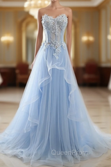Blue Tulle Sweetheart Appliques Beading Evening Prom Dresses