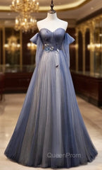Blue Tulle Sweetheart Pleats Appliques Evening Prom Dresses