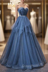 Blue Tulle Sweetheart Simple Pretty Floor Length Party Dresses, Blue A-line Evening Dresses Evening Prom Dresses