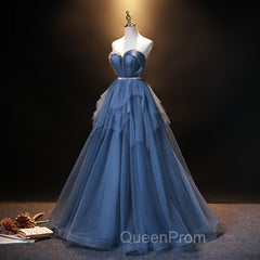 Blue Tulle Sweetheart Simple Pretty Floor Length Party Dresses, Blue A-line Evening Dresses Evening Prom Dresses