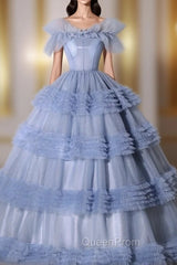 Blue Tulle Tiers Off the Shoulder Quinceanera Dresses