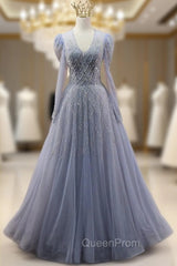 Blue Tulle V-neck Long Sleeve Beading Evening Prom Dresses