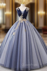 Blue Tulle V-neck Sequins Appliques Quinceanera Dresses
