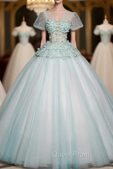 Blue Tulle V-neck Short Sleeve Flower Quinceanera Dresses