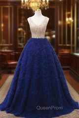 Blue Tulle V-neck Tiers Beading Evening Prom Dresses
