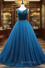 Blue Tulle Velvet Beading Evening Prom Dresses