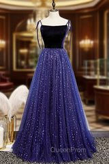 Blue Tulle Velvet Star Sequins Spaghetti Straps Evening Prom Dresses
