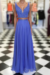 Blue two pieces beads long Evening Prom Dresses, blue evening Dresses