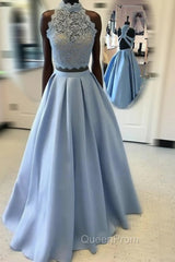 Blue Two Pieces Lace Long Evening Prom Dresses, Blue Lace Evening Dresses