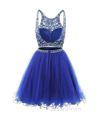 Blue two pieces tulle sequin beads short Evening Prom Dresses, blue homecoming